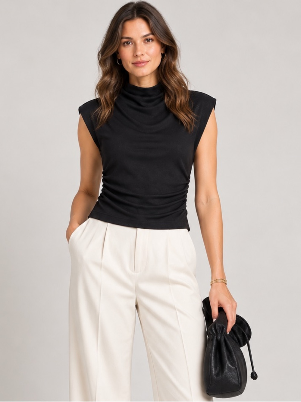 Michael Stars Black Amara Ultra-Rib Mock Neck Ruched Power Shoulder Top Size M